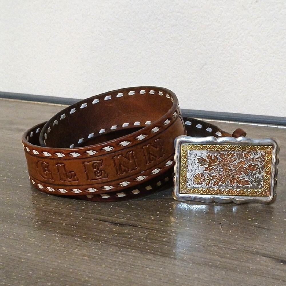 Justin Western Belt White Stitching Glenn Personalized Large Buckle
